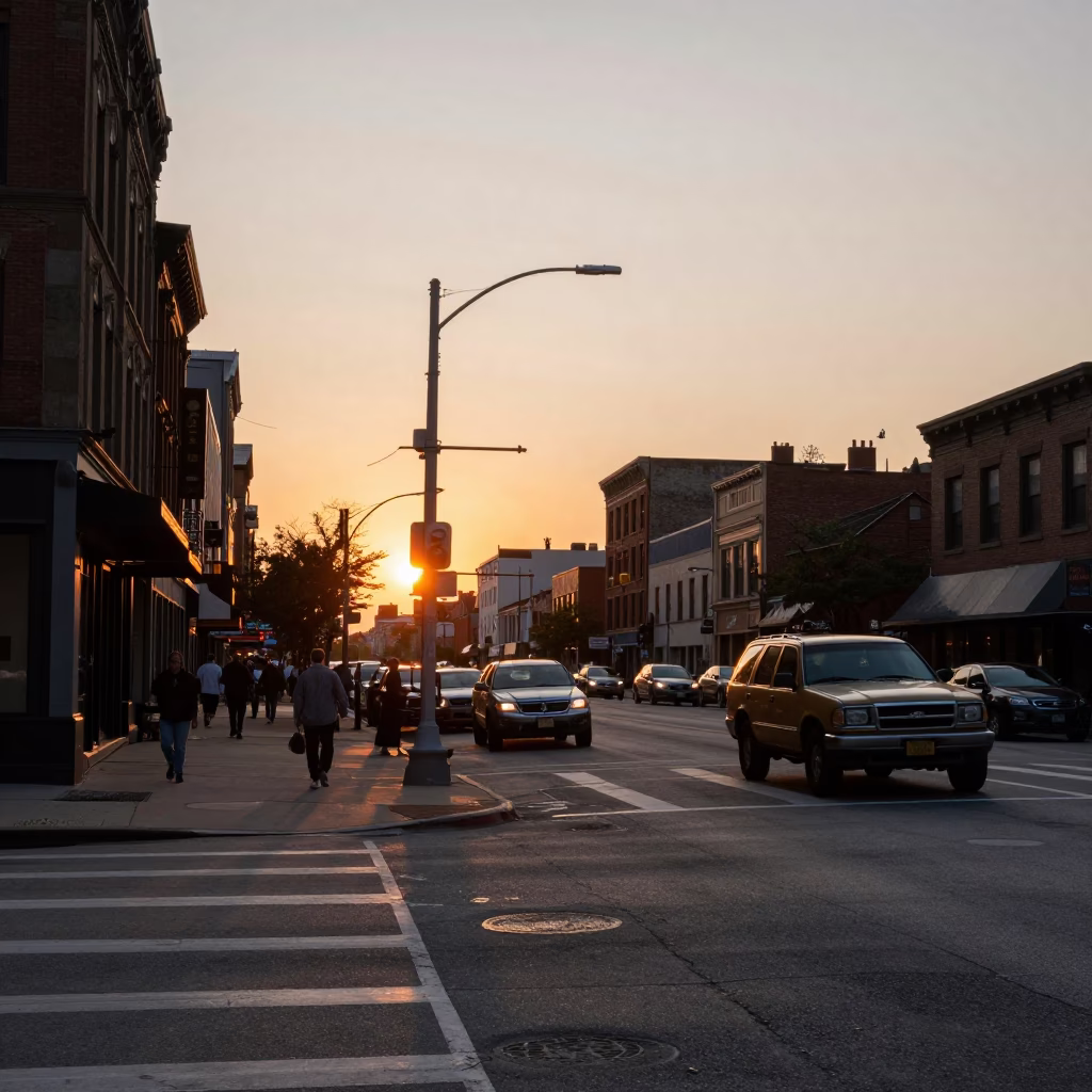 Busy Chicago Street Corner at Sunset with Vintage SUV and Local Pedestrians in in Chicago, Illinois, United States