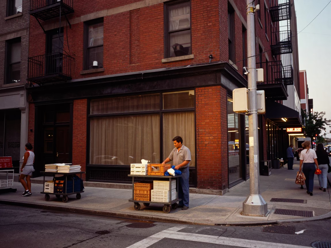 Busy Chicago Street Corner Before Dusk with Rolling Carts and Crate in in Chicago, Illinois, United States