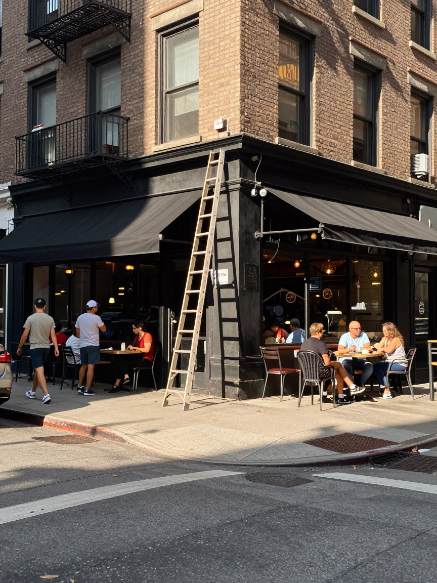Busy Chicago Street Corner Early Afternoon with Ladder and Urban Activity in in Chicago, Illinois, United States