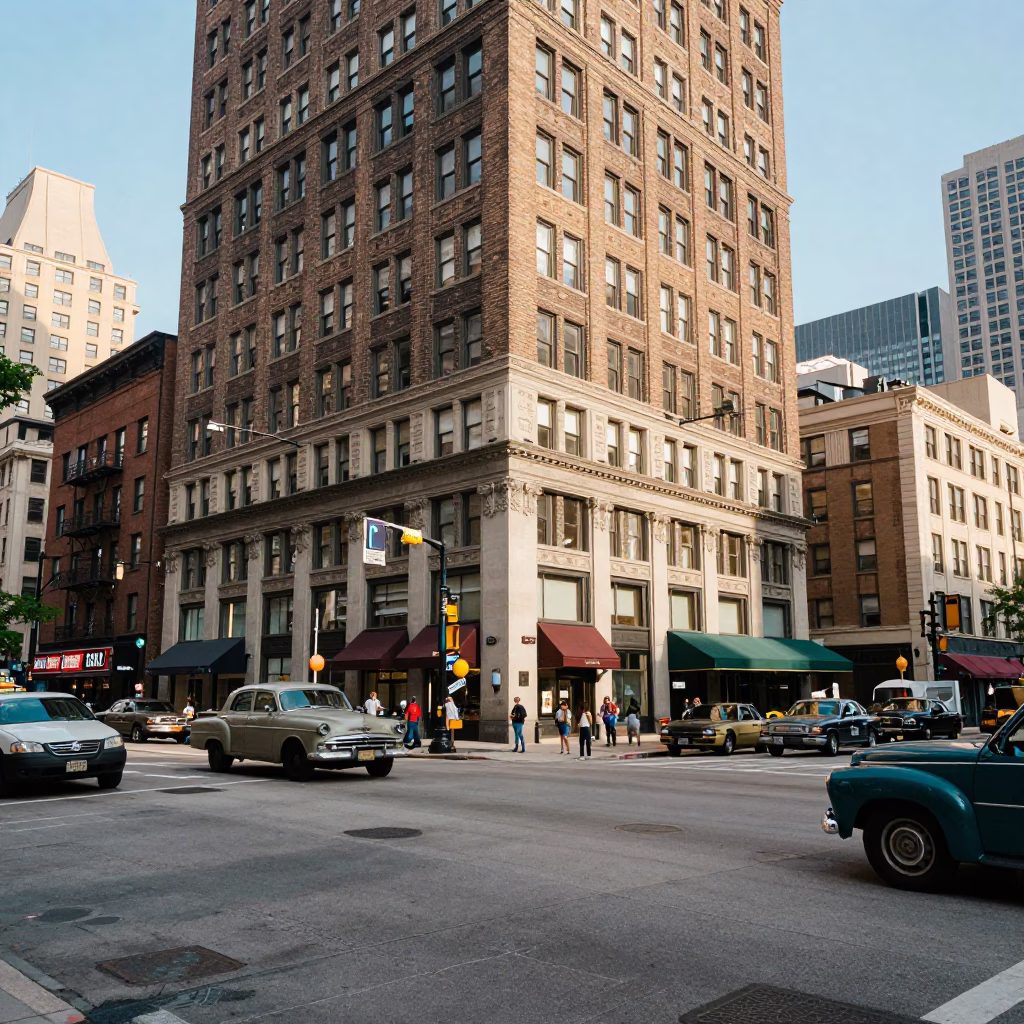 Busy Chicago Street Corner Early Afternoon with Vintage Cars and Urban Life in in Chicago, Illinois, United States