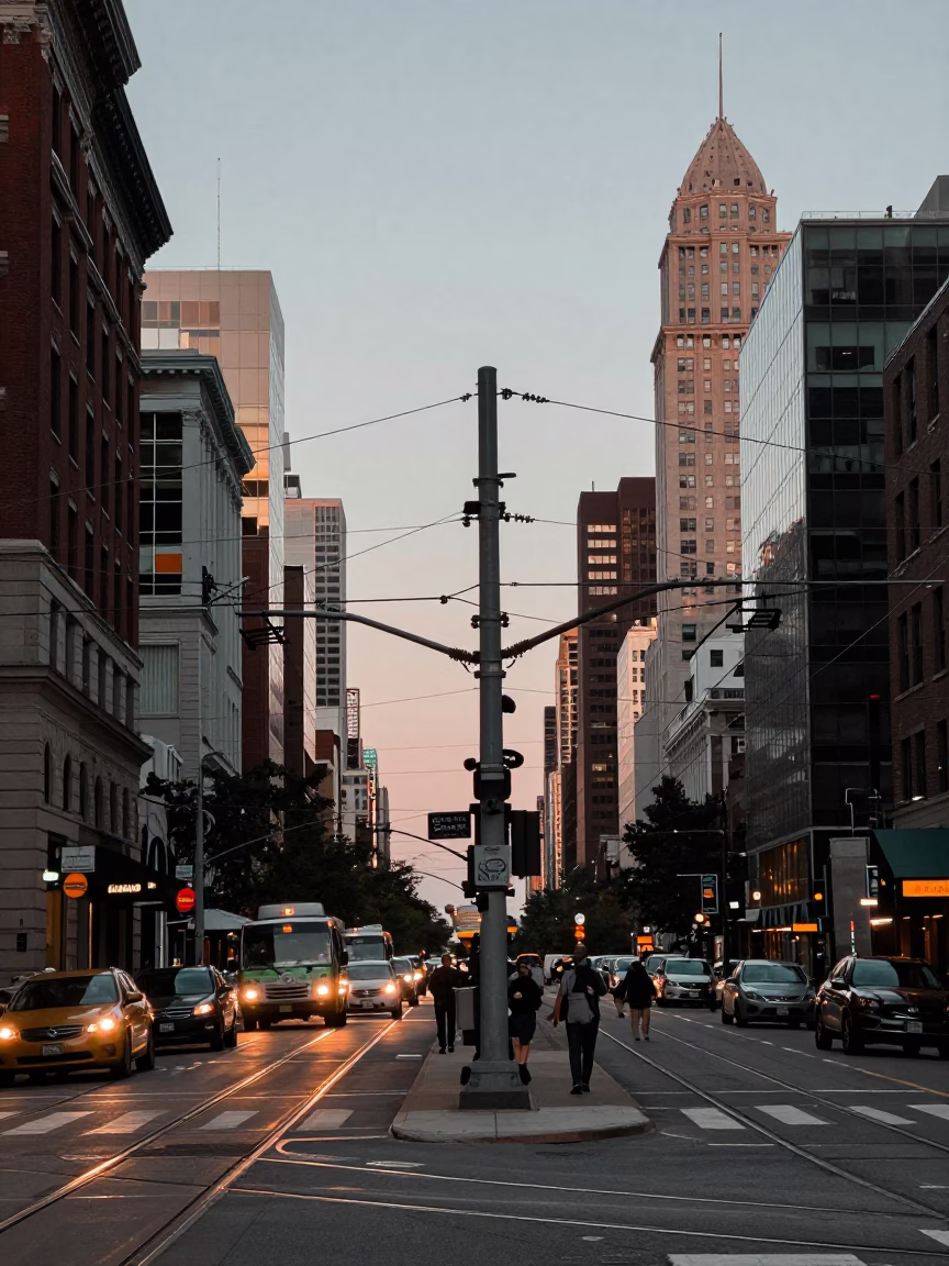 Busy Chicago Street Corner Early Evening with Rail Catenary System and Urban Life in in Chicago, Illinois, United States