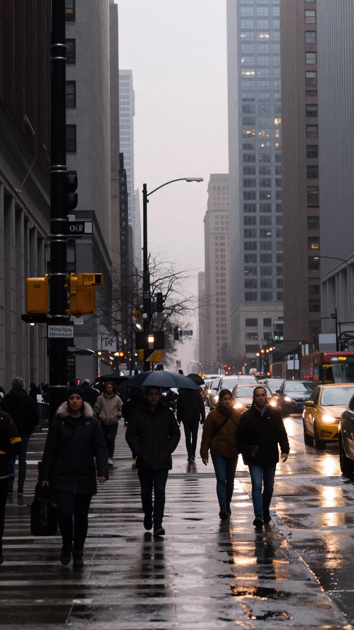 Busy Chicago Street Corner Early Morning Commuters and Weather Station in in Chicago, Illinois, United States