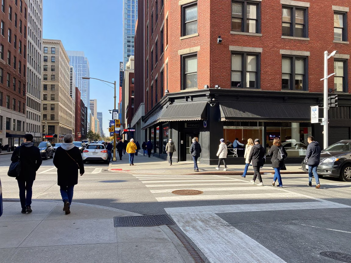 Busy Chicago Street Corner in Bright Midmorning Light with Local Pedestrians and Urban Details in in Chicago, Illinois, United States
