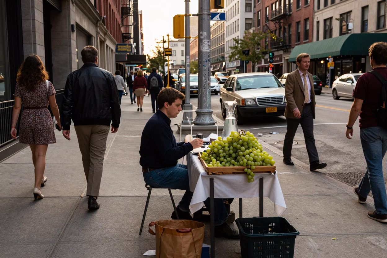 Busy Chicago Street Corner in Early Afternoon with Grapes and Glass Carafe in in Chicago, Illinois, United States