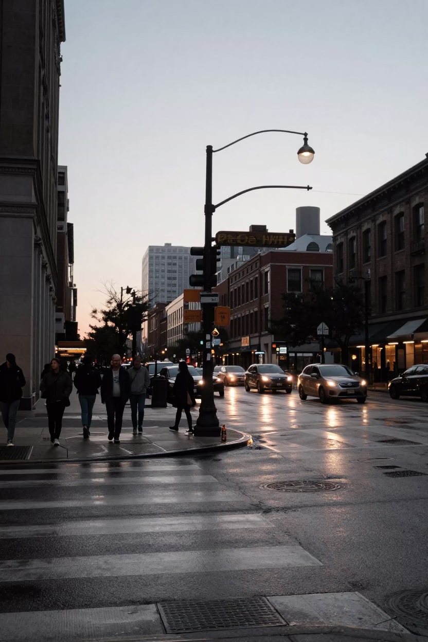 Busy Chicago Street Corner in Early Evening with Bottle and Padlock on Brick Wall in in Chicago, Illinois, United States