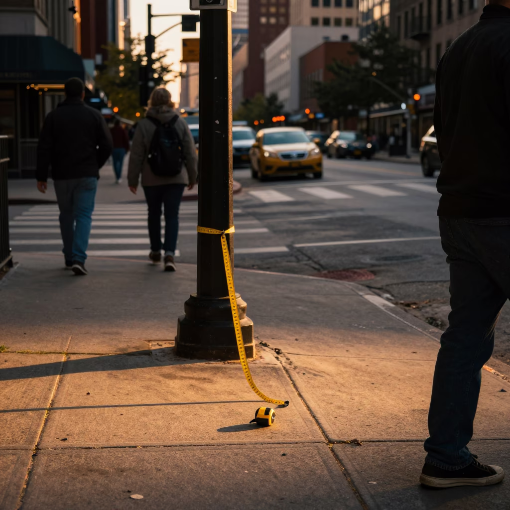 Busy Chicago Street Corner in Honeyed Evening Light with Crate and Measuring Tapes in in Chicago, Illinois, United States