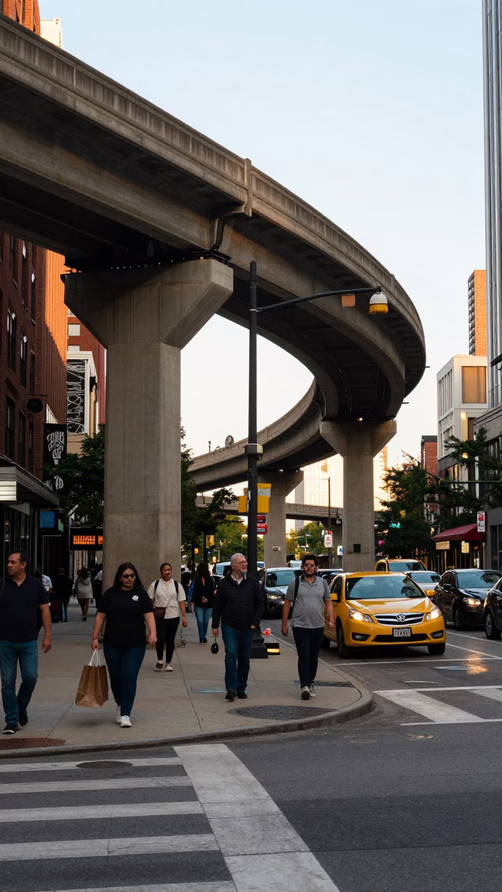 Busy Chicago Street Corner in Late Afternoon Light with Concrete Viaduct and Urban Activity in in Chicago, Illinois, United States