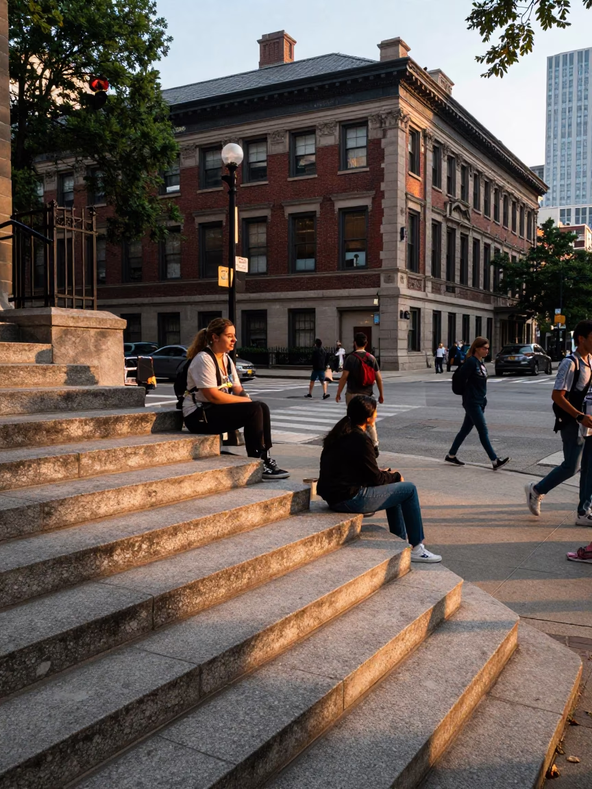 Busy Chicago Street Corner Late Afternoon Life with School Staircase and Urban Details in in Chicago, Illinois, United States