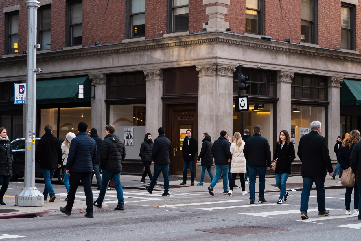 Busy Chicago Street Corner Late Afternoon Pedestrians and Urban Architecture in in Chicago, Illinois, United States