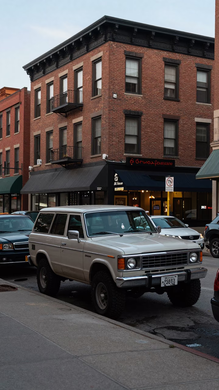 Busy Chicago Street Corner Late Afternoon with Vintage SUV and Local Pedestrians in Illinois in in Chicago, Illinois, United States