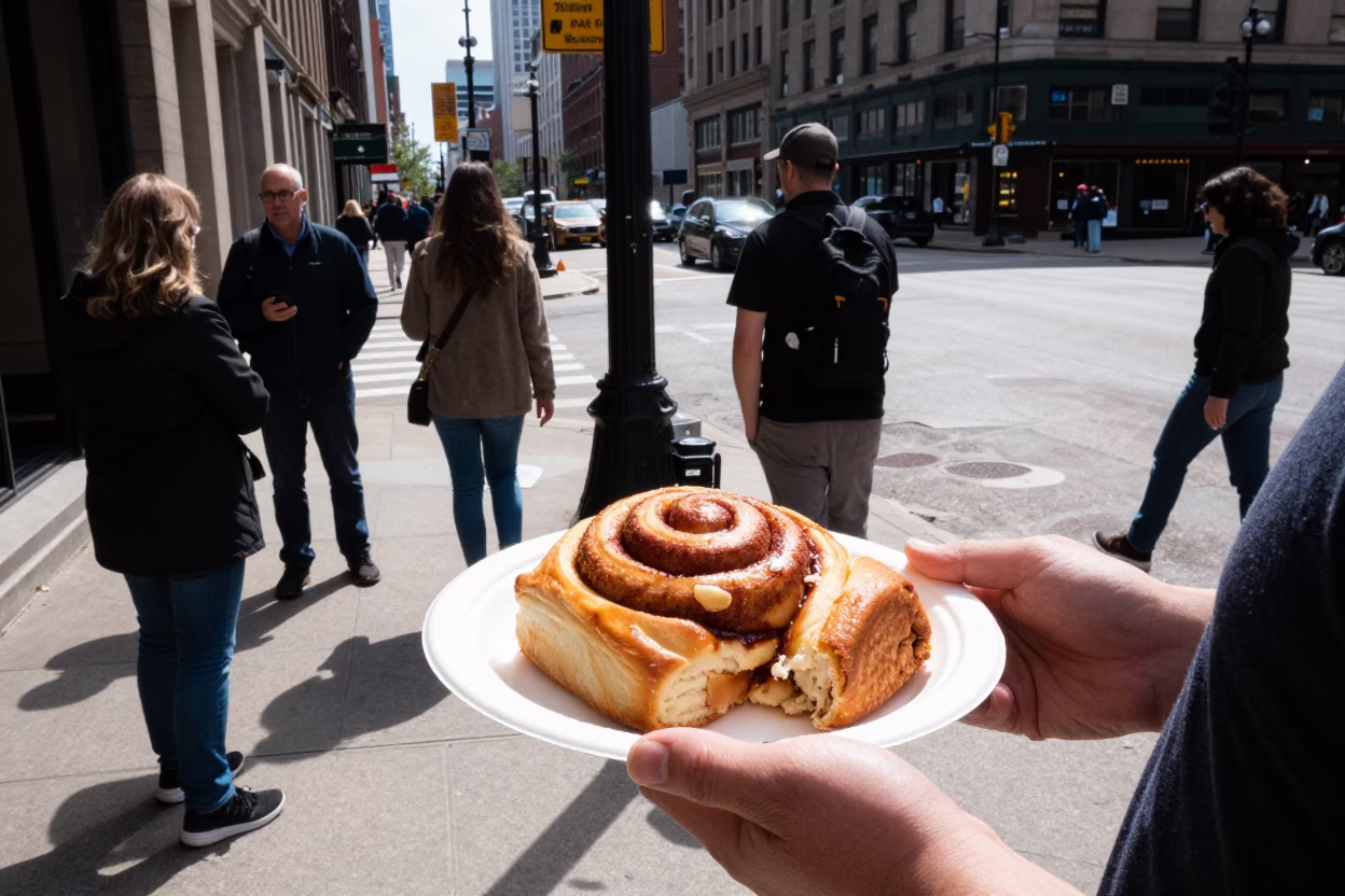 Busy Chicago Street Corner Lunch with Cinnamon Rolls and Serving Bowls in in Chicago, Illinois, United States