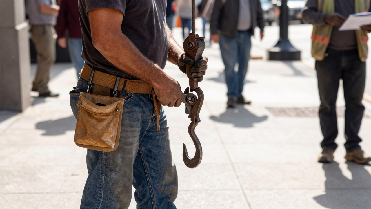 Busy Chicago Street Corner Midmorning Scene with Iron Hook and Wrench Tools in in Chicago, Illinois, United States