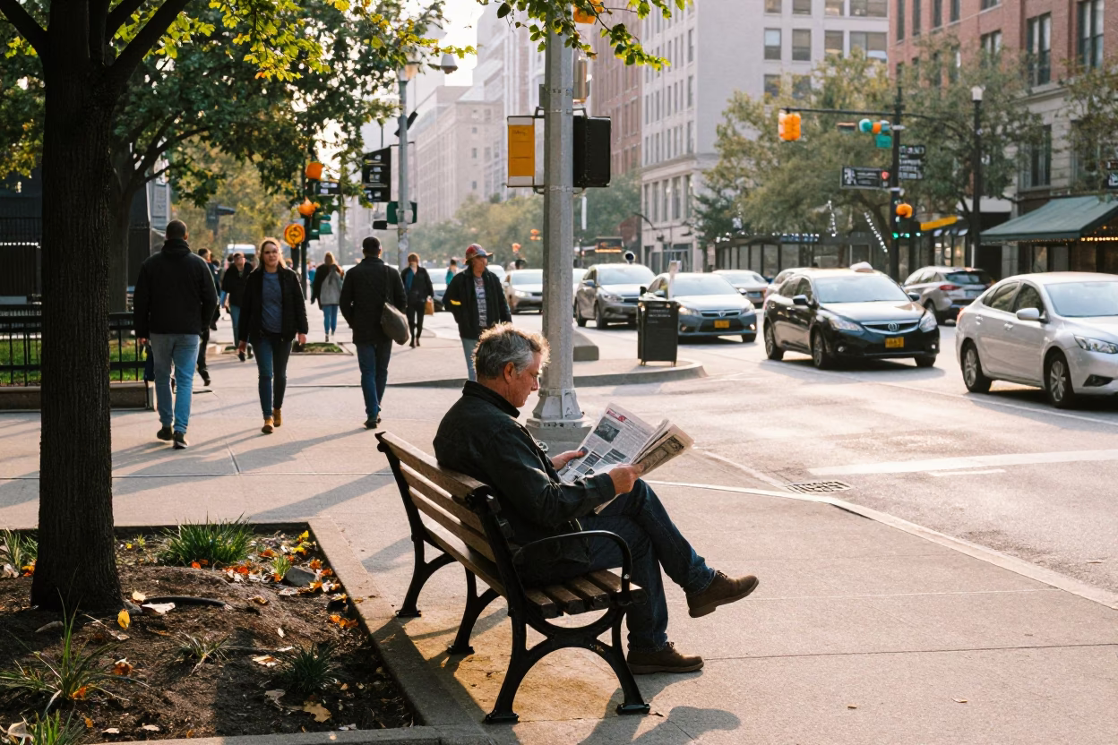 Busy Chicago Street Corner Morning with Park Bench and Espresso Cup in in Chicago, Illinois, United States