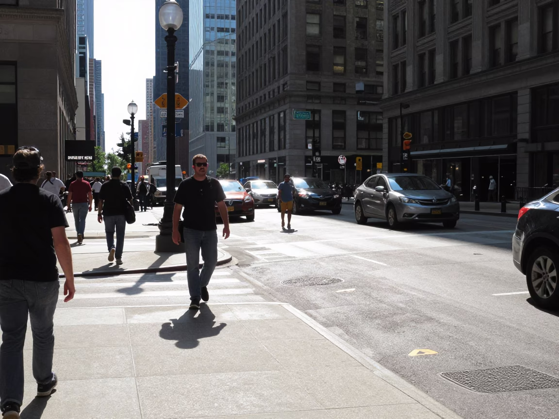 Busy Chicago Street Corner Under Flat Noon Glare with Urban Details and Local Activity in in Chicago, Illinois, United States