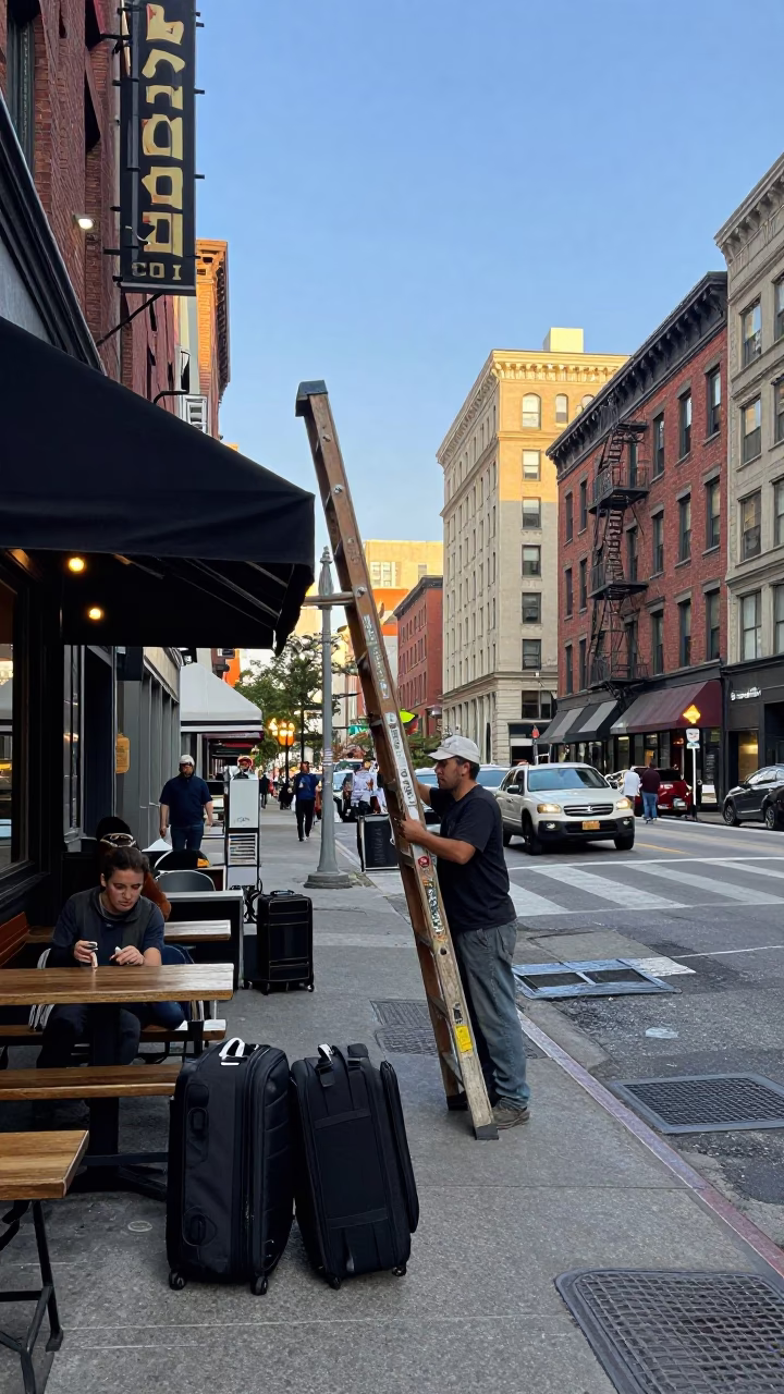 Busy Chicago Street Corner with Luggage and Ladder in Late Afternoon Light in in Chicago, Illinois, United States
