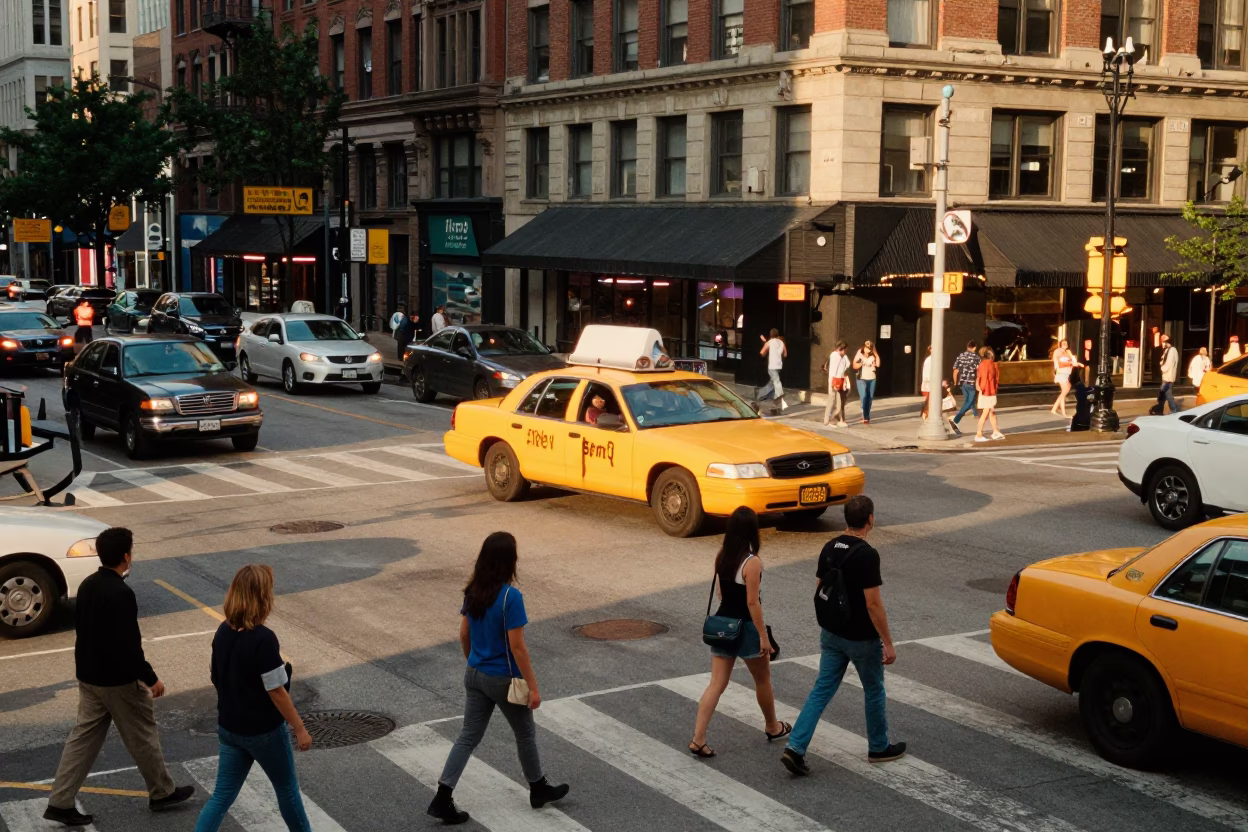Busy Chicago Street Corner with Vintage Cars and Pedestrians in Honeyed Evening Light in in Chicago, Illinois, United States