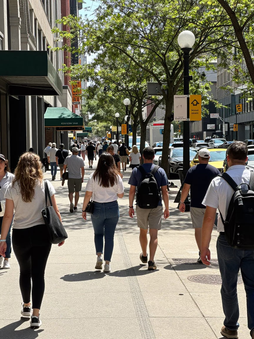 Busy Chicago Street Midday Scene with Pedestrians and Urban Details in in Chicago, Illinois, United States