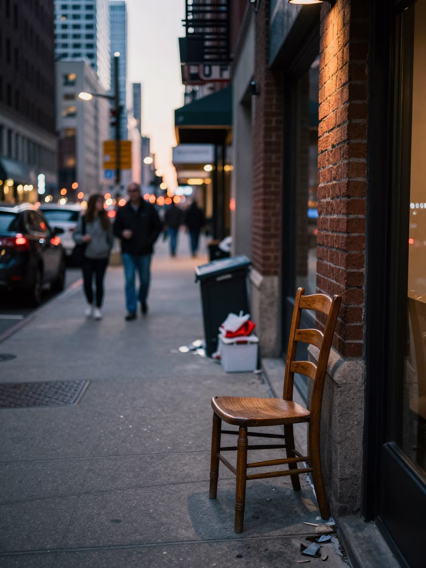 Busy Chicago Street Scene at Dusk with Ladder-Back Chair and Bottle in in Chicago, Illinois, United States