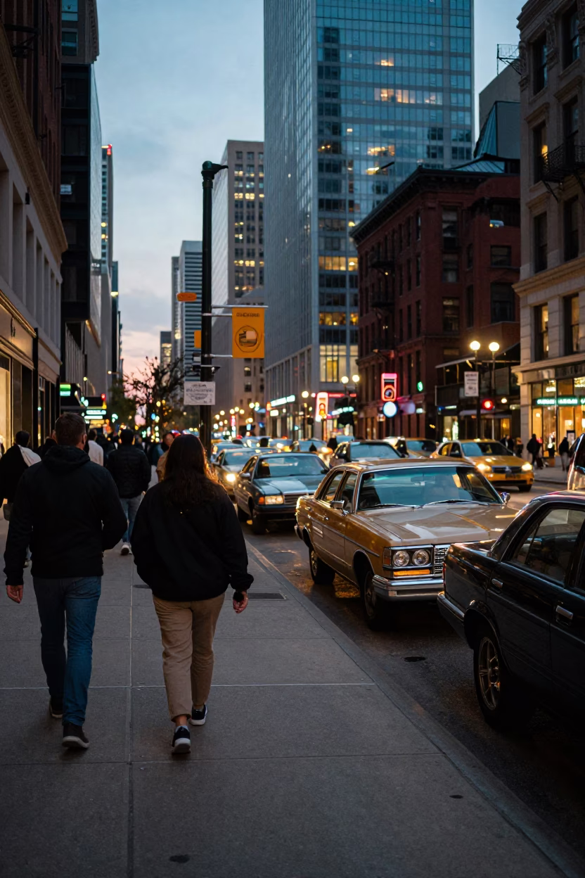 Busy Chicago Street Scene at Dusk with Vintage Cars and City Lights in in Chicago, Illinois, United States