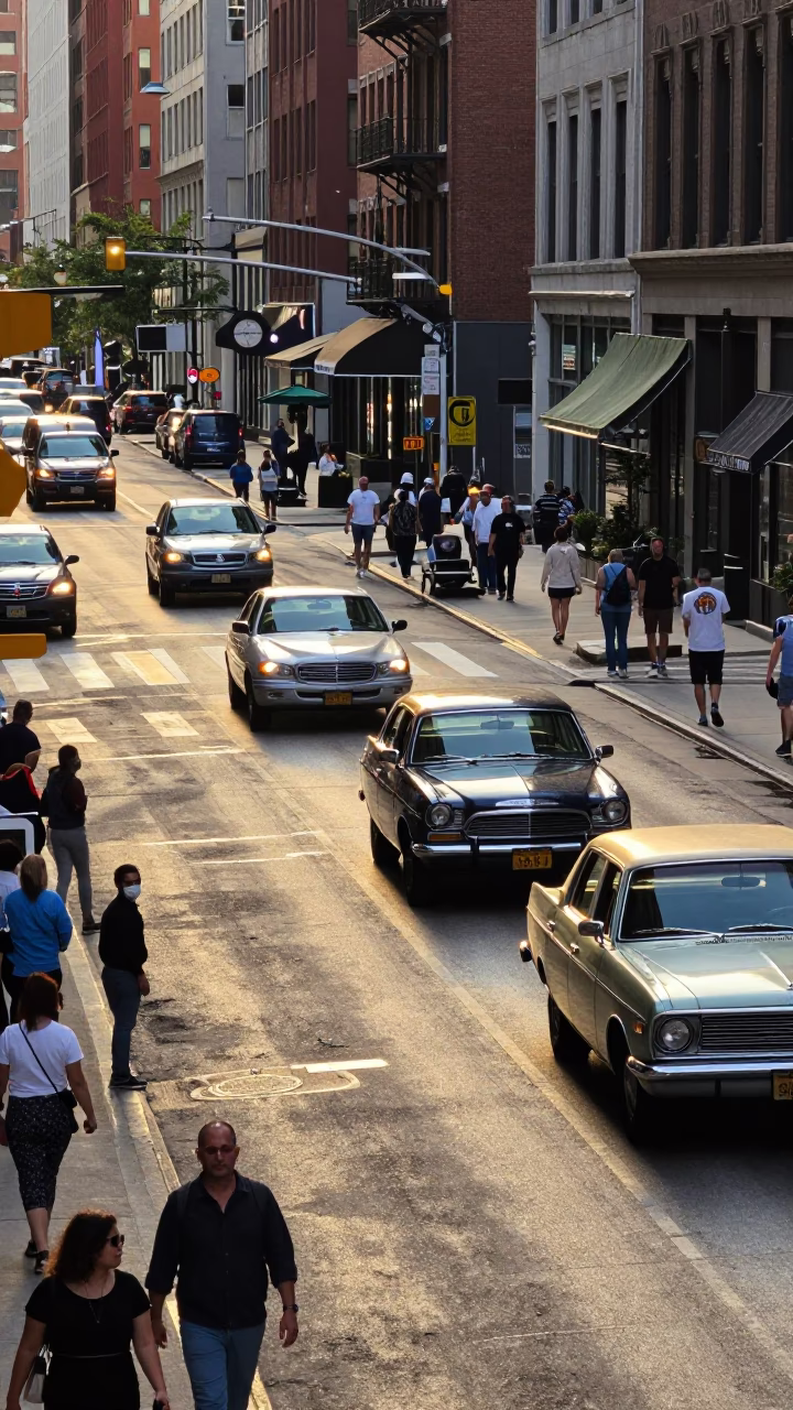 Busy Chicago Street Scene at Golden Hour with Vintage Cars and Pedestrians in in Chicago, Illinois, United States