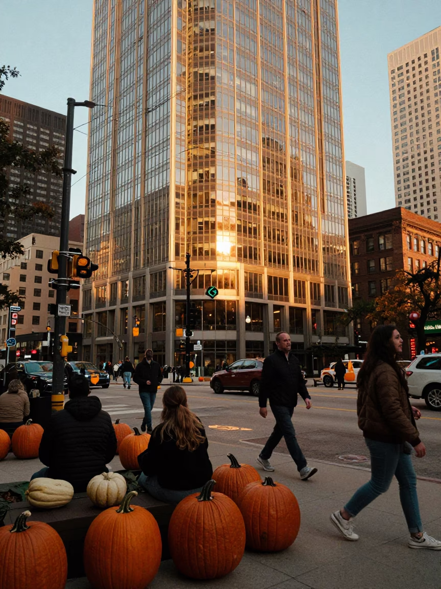 Busy Chicago Street Scene at Sunset with Pumpkins and City Architecture in in Chicago, Illinois, United States