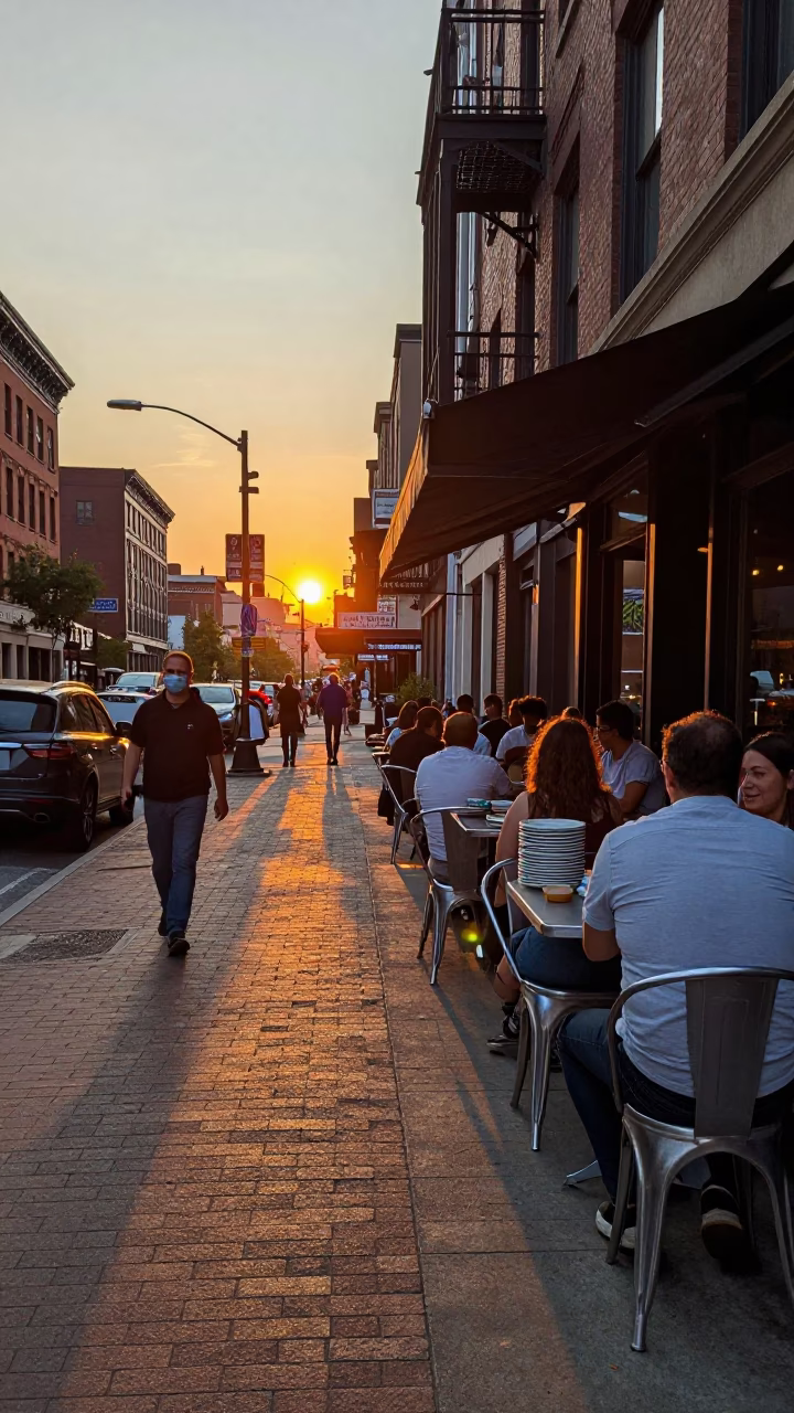 Busy Chicago Street Scene at Sunset with Stacked Plates and Potted Herbs in in Chicago, Illinois, United States