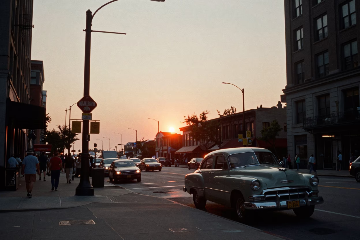 Busy Chicago Street Scene at Sunset with Vintage 1950s Atmosphere and Local Details in in Chicago, Illinois, United States