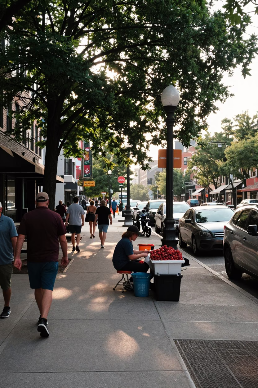 Busy Chicago Street Scene Early Afternoon with Berry Vendor and Boykin Spaniel in in Chicago, Illinois, United States