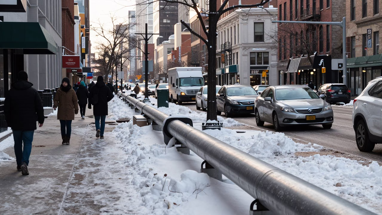Busy Chicago Street Scene Early Afternoon with District Heating Pipes and Urban Infrastructure in in Chicago, Illinois, United States