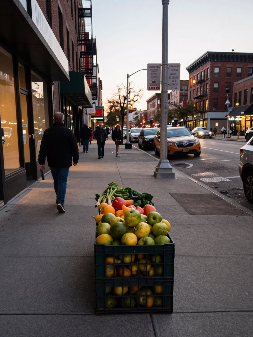Busy Chicago Street Scene Early Evening with Fruit Crate and Model Airplane in in Chicago, Illinois, United States