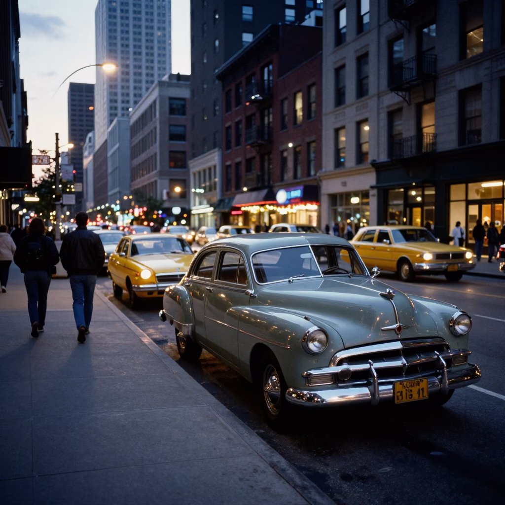 Busy Chicago Street Scene Early Evening with Vintage Cars and Pedestrians Near Urban Architecture in in Chicago, Illinois, United States