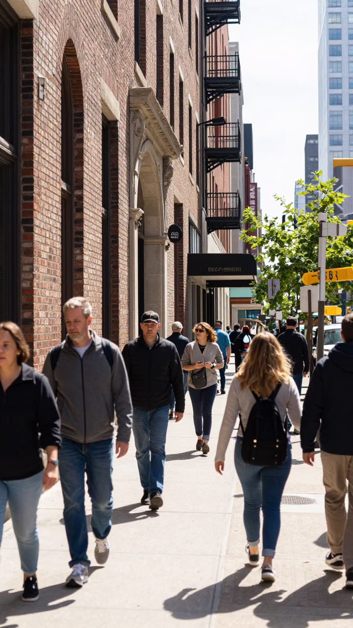 Busy Chicago Street Scene in Bright Midmorning Light with Pedestrians and Urban Details in in Chicago, Illinois, United States