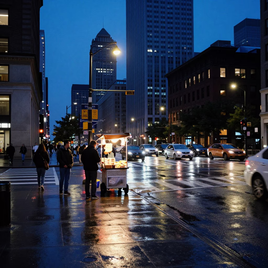 Busy Chicago Street Scene in Indigo Twilight with Polished Brass and Glass Details in in Chicago, Illinois, United States