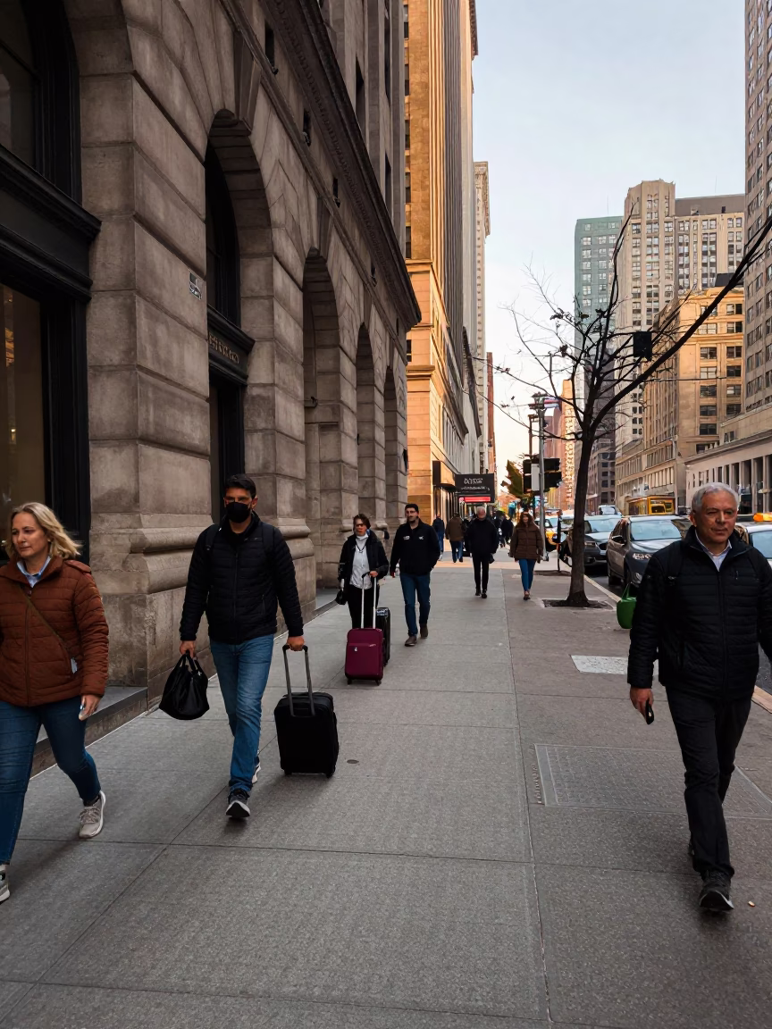 Busy Chicago Street Scene Just After Sunrise with Luggage and Urban Architecture in in Chicago, Illinois, United States