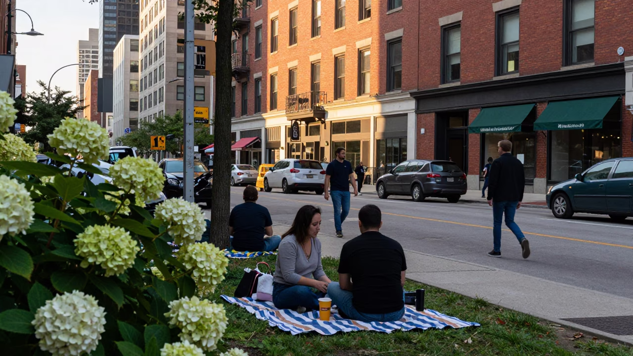 Busy Chicago Street Scene Just After Sunrise with Picnic Blanket and Hydrangeas in in Chicago, Illinois, United States