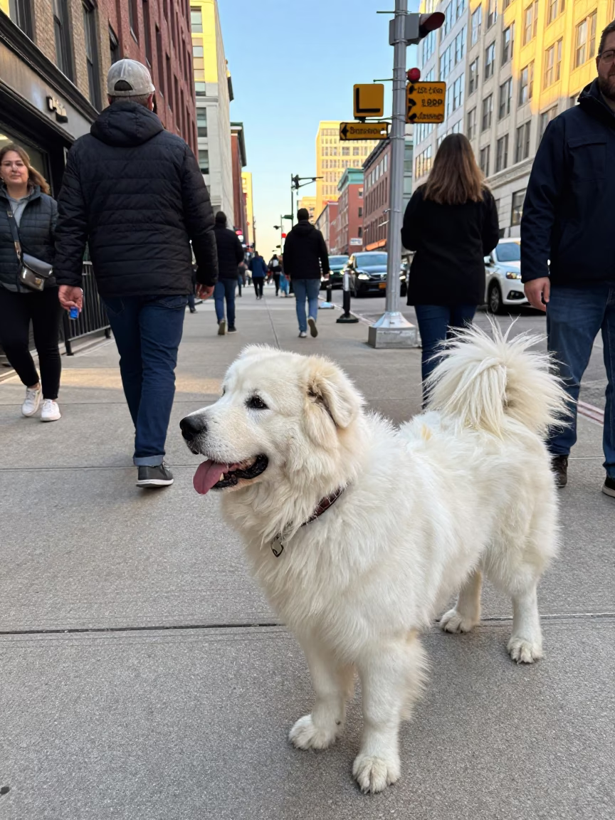 Busy Chicago Street Scene Late Afternoon with Great Pyrenees and Urban Elements in in Chicago, Illinois, United States