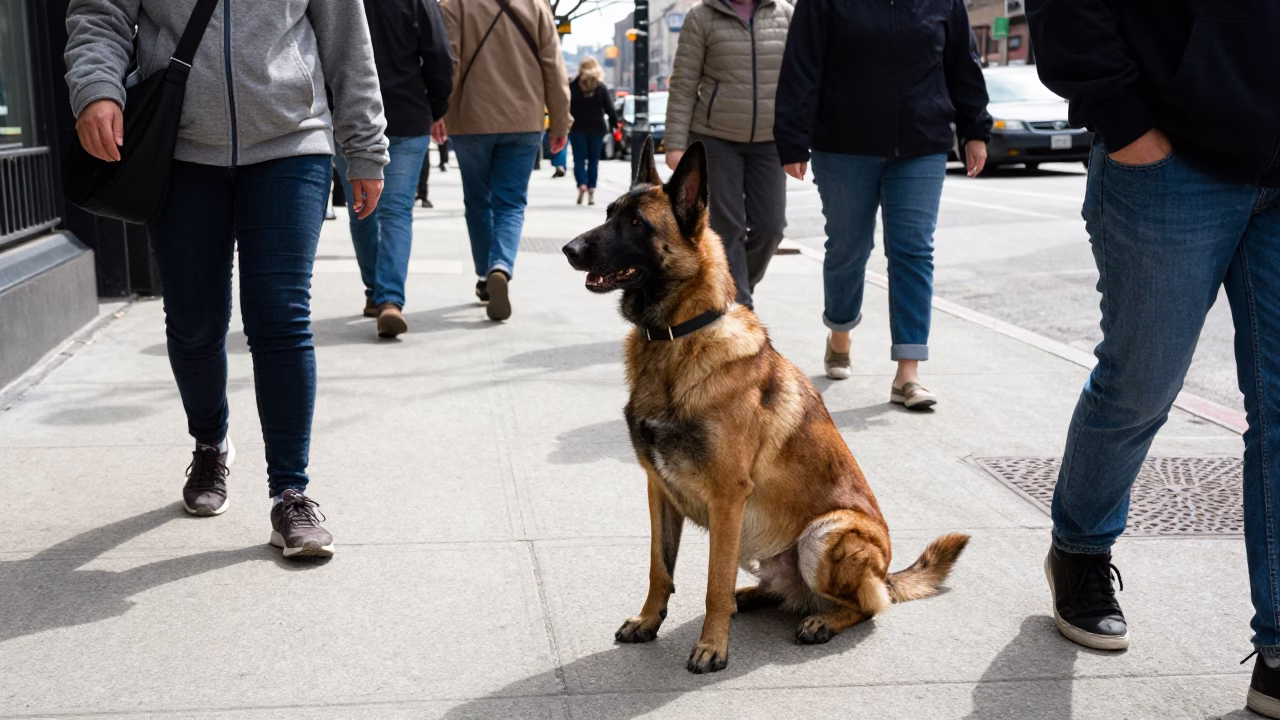 Busy Chicago Street Scene Midday with Belgian Malinois and Urban Elements in in Chicago, Illinois, United States