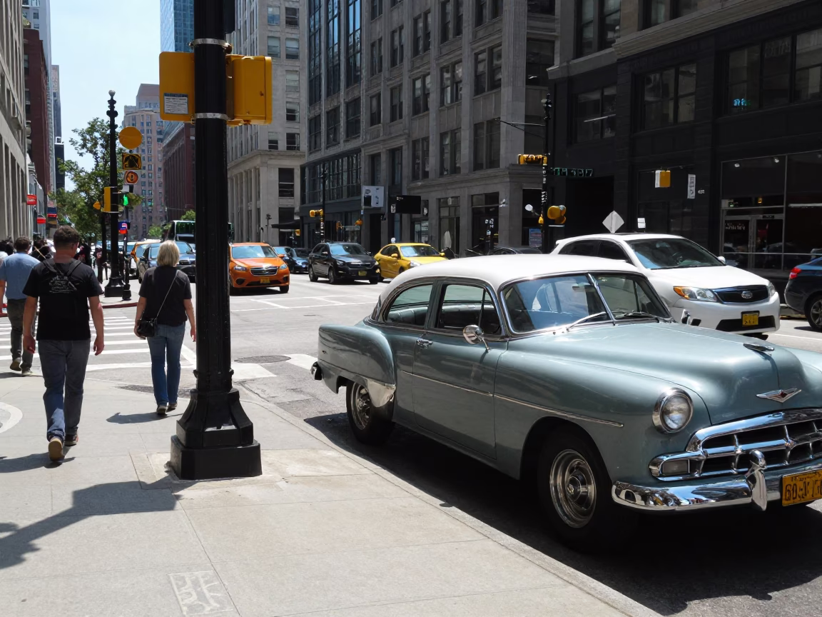 Busy Chicago Street Scene Under Flat Noon Glare with Vintage Cars and Pedestrians in in Chicago, Illinois, United States