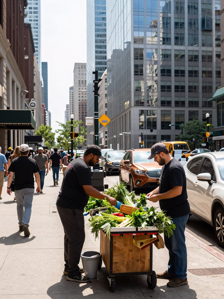 Busy Chicago Street Scene with Herb Vendor and City Skyline in Bright Midmorning Light in in Chicago, Illinois, United States