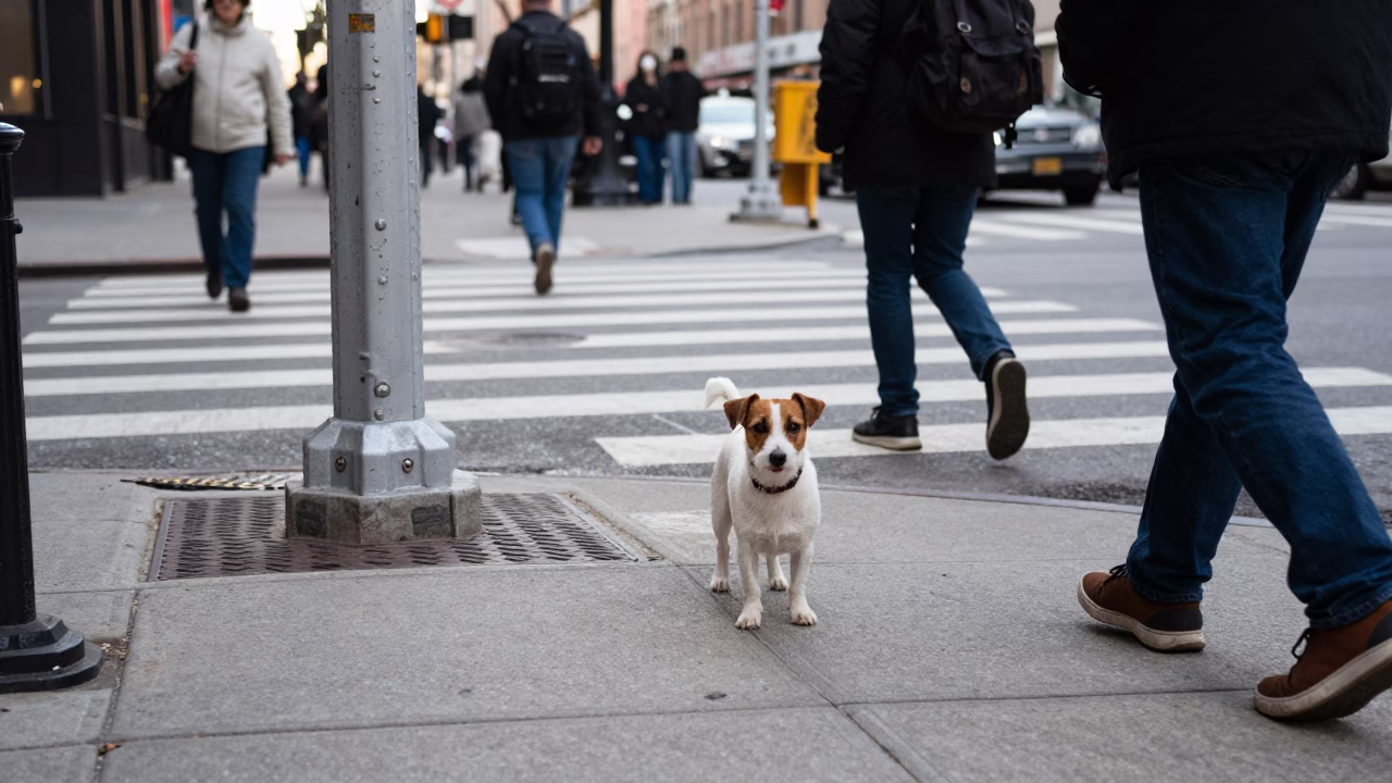 Busy Chicago Street Scene with Russell Terrier and Urban Transit in Early Afternoon Light in in Chicago, Illinois, United States