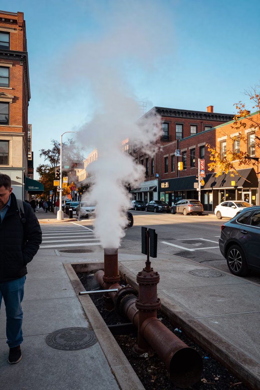 Busy Chicago Street Scene with Steam Vents and Autumn Leaves in Late Afternoon Light in in Chicago, Illinois, United States