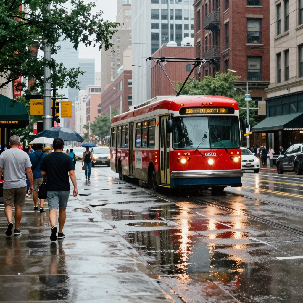 Busy Chicago Street Scene with Tramcar and Rain Puddles Midday in in Chicago, Illinois, United States