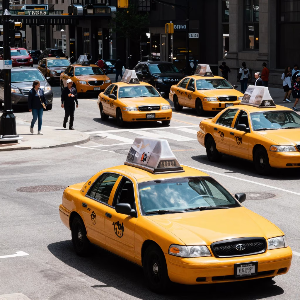 Busy Chicago Street Scene with Yellow Taxi and Pedestrians at Midday in in Chicago, Illinois, United States