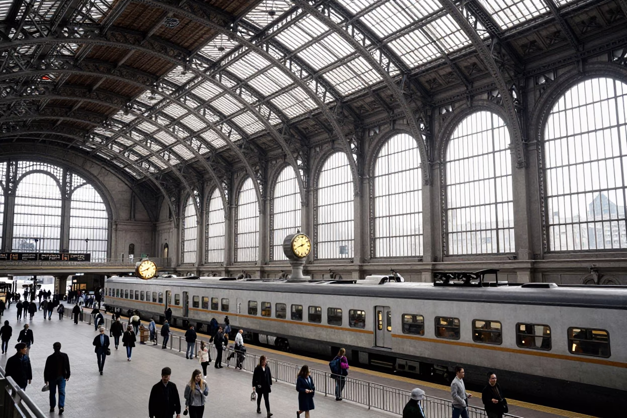 Busy Chicago Train Station Clock Under Vaulted Iron Roof in Bright Midmorning Light in in Chicago, Illinois, United States