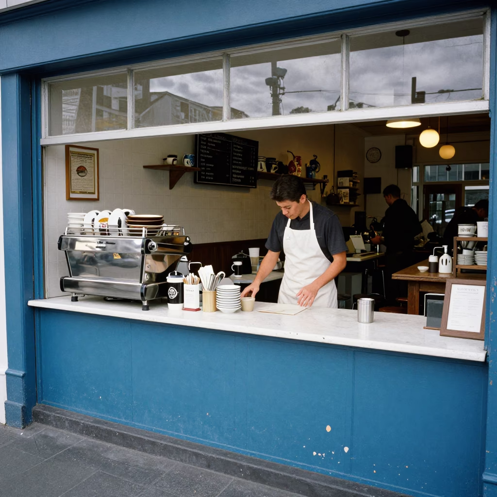 Busy Christchurch Cafe Counter with Chipped Blue Enamel and Rattan Chair in in Christchurch, New Zealand