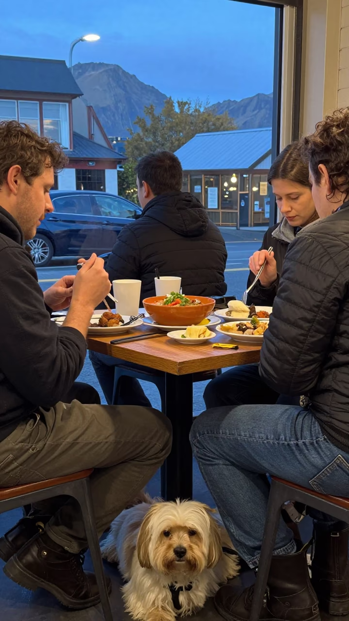Busy Christchurch Cafe Evening with Lomo Saltado and Tibetan Spaniel in in Christchurch, New Zealand