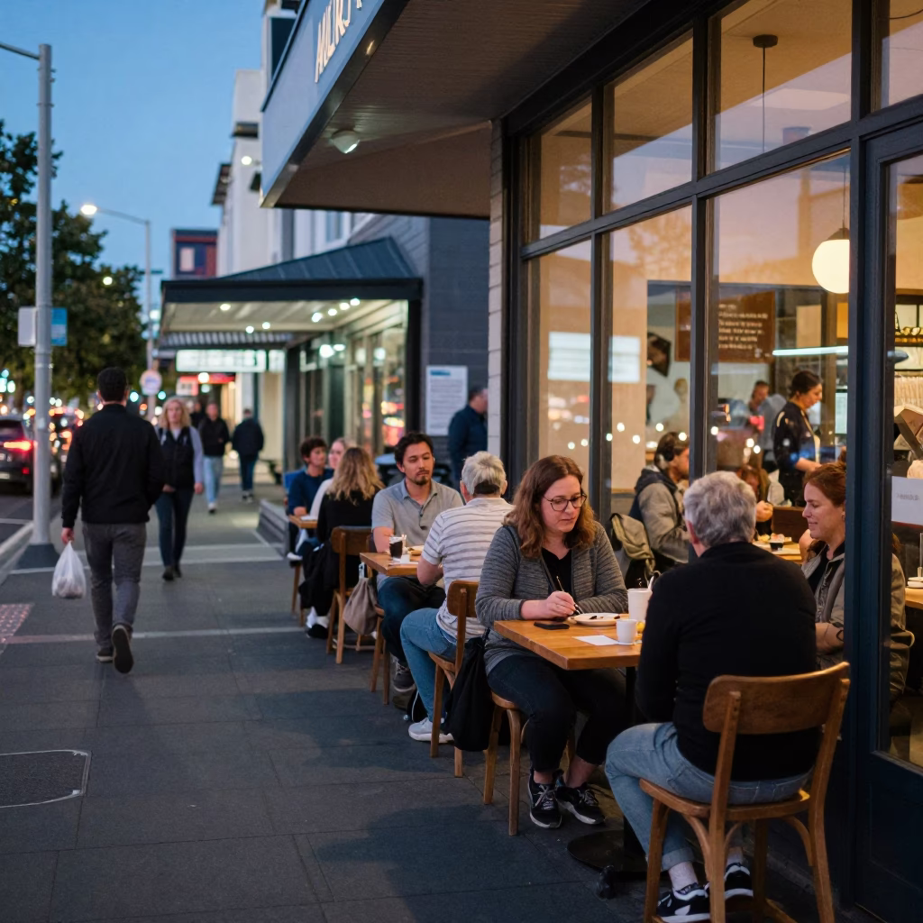 Busy Christchurch Cafe Street Scene at Dusk with Local Patrons and City Lights in in Christchurch, New Zealand