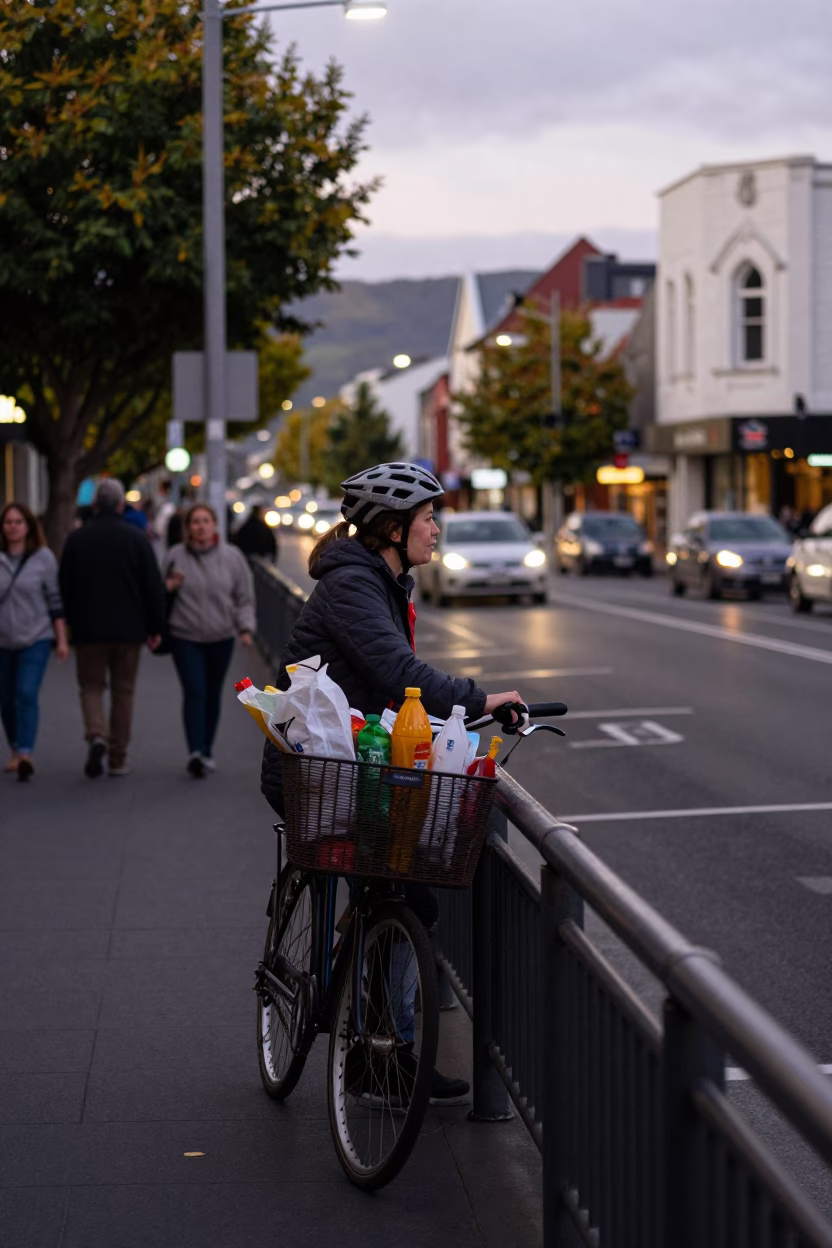 Busy Christchurch Evening Street Scene with Bicycle Basket and Local Commerce in in Christchurch, New Zealand