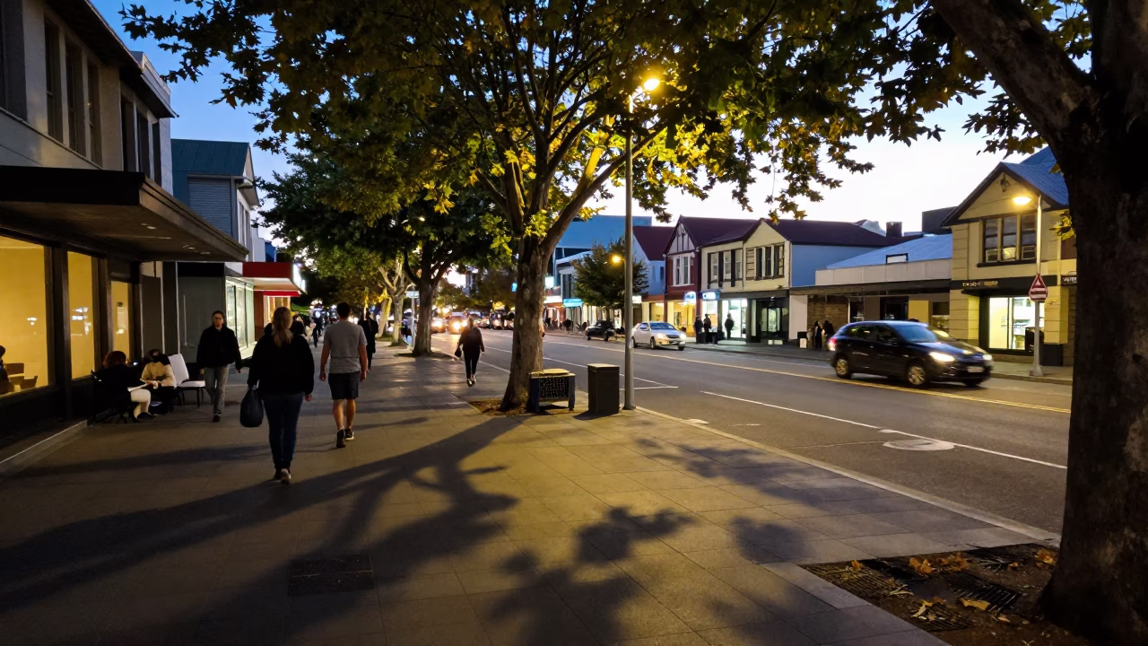 Busy Christchurch Evening Street Scene with Leaf Shadows and Urban Details in in Christchurch, New Zealand