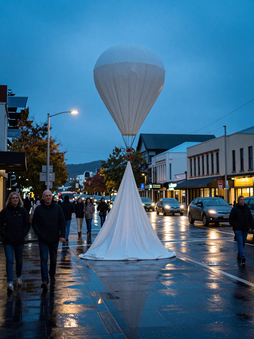 Busy Christchurch Evening Street Scene with Weather Balloon Tarp and Local Life in in Christchurch, New Zealand